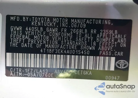 2010 Toyota Camry Xle z USA, uszkodzony, nr VIN 4T1BF3EK4AU015450